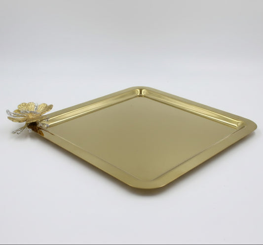 Square Golden Coffee Tray - Metal Serving Platter with Butterfly Accent