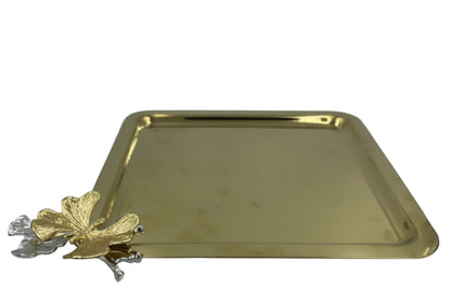 Square Golden Coffee Tray - Metal Serving Platter with Butterfly Accent