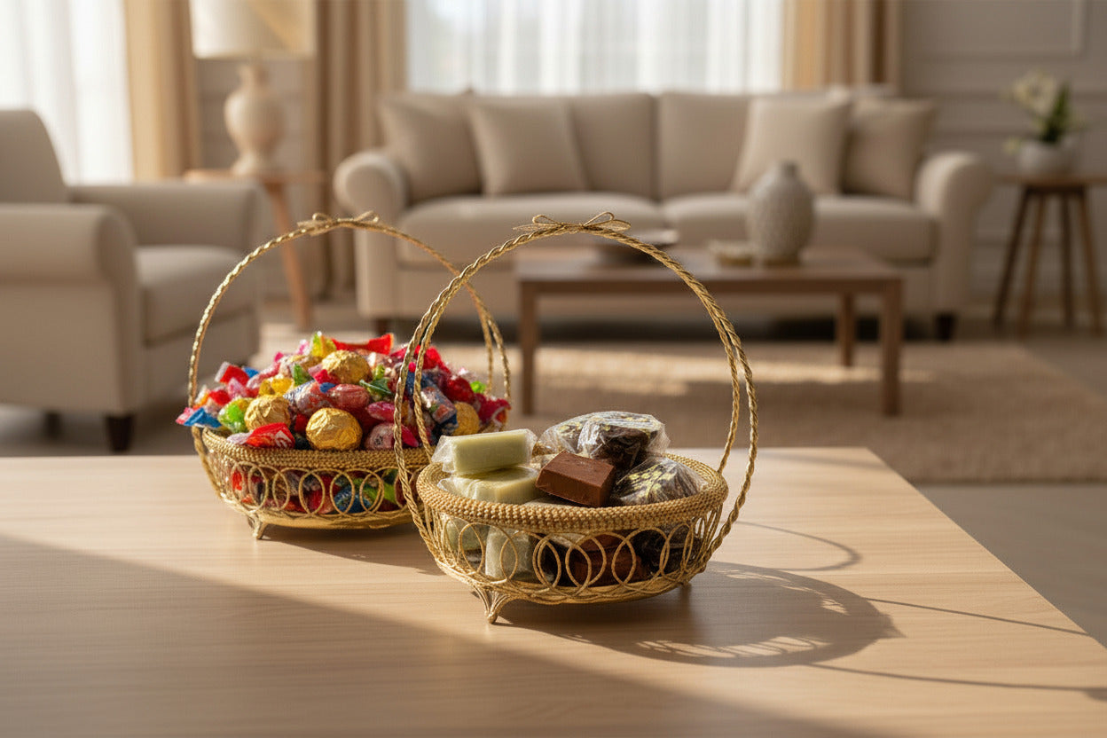 Golden Serving Basket Set - 3-Piece Bonbonniere Tray with Mirror Base