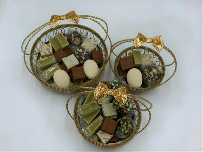 Golden Serving Basket Set - 3-Piece Bonbonniere Tray with Mirror Base