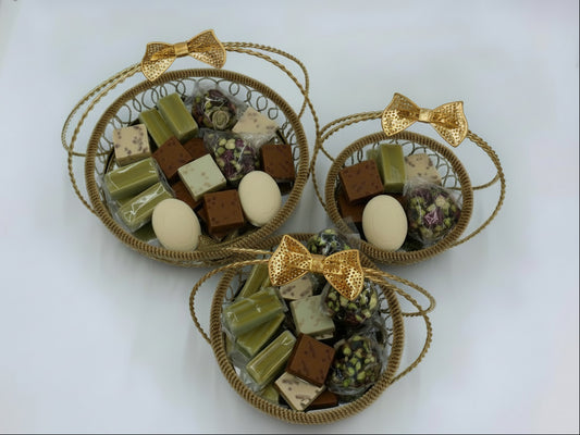 Golden Serving Basket Set - 3-Piece Bonbonniere Tray with Mirror Base
