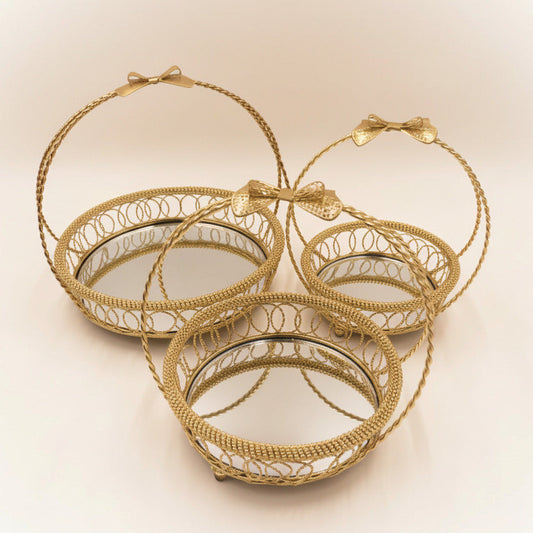 Golden Serving Basket Set - 3-Piece Bonbonniere Tray with Mirror Base
