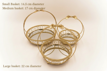 Golden Serving Basket Set - 3-Piece Bonbonniere Tray with Mirror Base