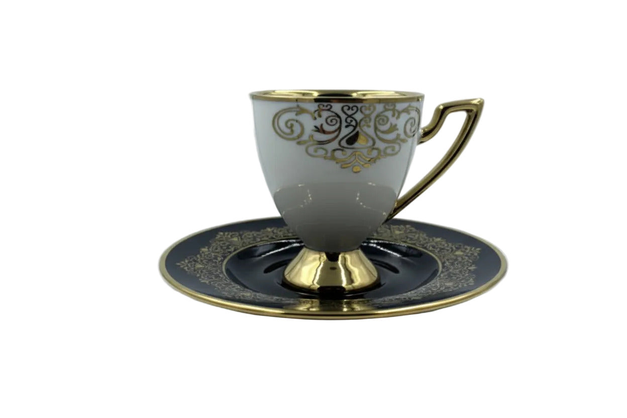 Ottoman Turkish Style Coffee Cups with Saucers - Gold Trim Ceramic Set Black & White