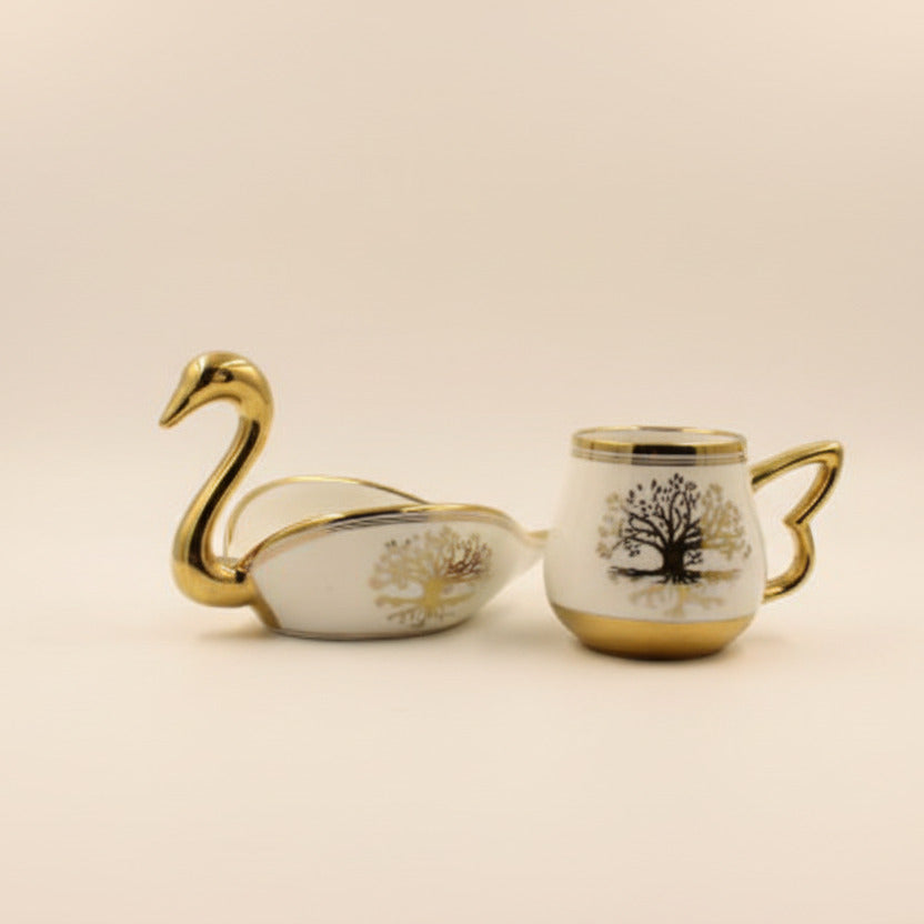 Swan Shaped Ceramic Coffee Cups with Saucers Set - Turkish European Style Gold Trim