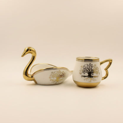 Swan Shaped Ceramic Coffee Cups with Saucers Set - Turkish European Style Gold Trim