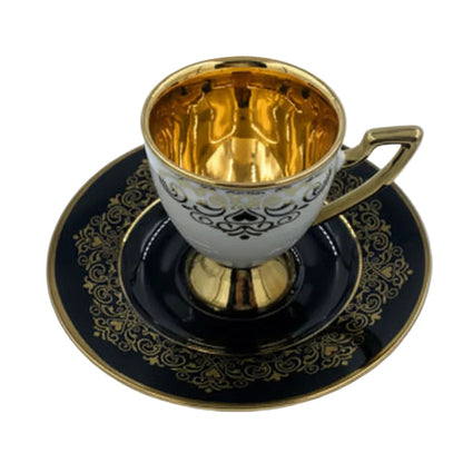 Ottoman Turkish Style Coffee Cups with Saucers - Gold Trim Ceramic Set Black & White