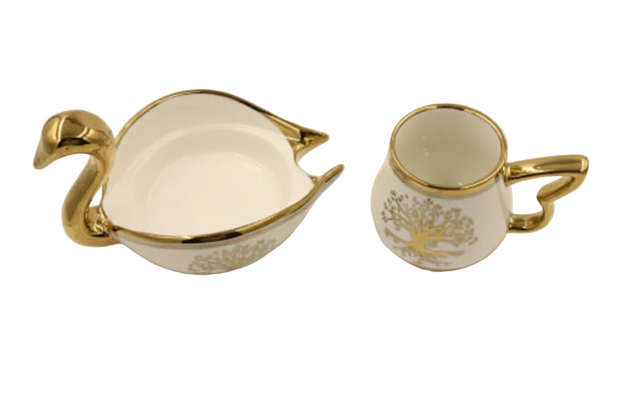 Swan Shaped Ceramic Coffee Cups with Saucers Set - Turkish European Style Gold Trim