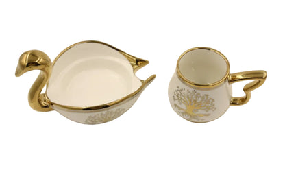 Swan Shaped Ceramic Coffee Cups with Saucers Set - Turkish European Style Gold Trim