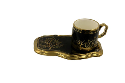 European Turkish Coffee Cups with Saucers - Tree of Life Gold Trim Ceramic Set