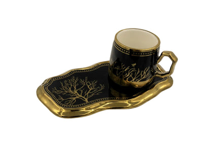 European Turkish Coffee Cups with Saucers - Tree of Life Gold Trim Ceramic Set