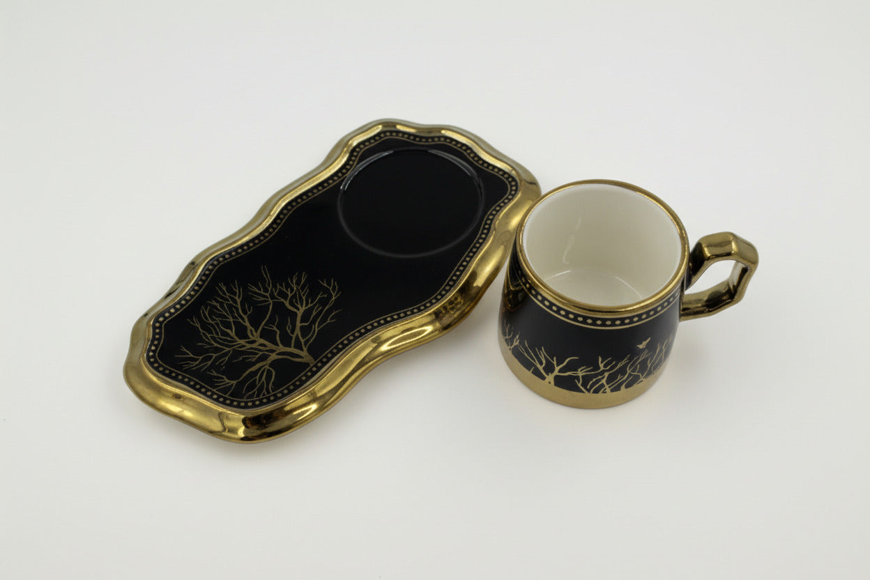 European Turkish Coffee Cups with Saucers - Tree of Life Gold Trim Ceramic Set