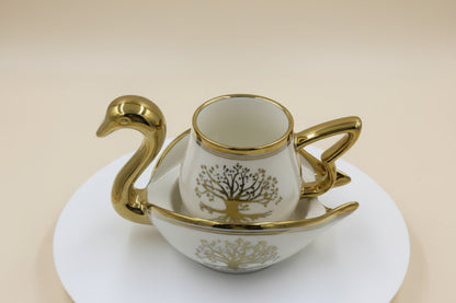 Swan Shaped Ceramic Coffee Cups with Saucers Set - Turkish European Style Gold Trim