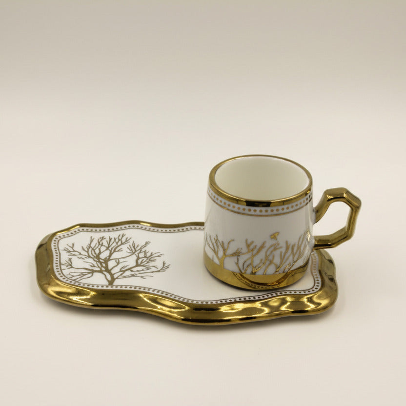 European Turkish Coffee Cups with Saucers - Tree of Life Gold Trim Ceramic Set