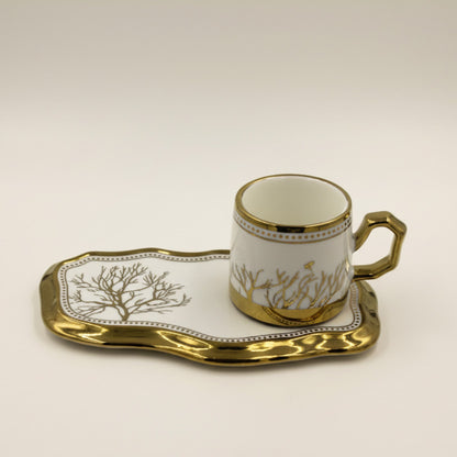 European Turkish Coffee Cups with Saucers - Tree of Life Gold Trim Ceramic Set