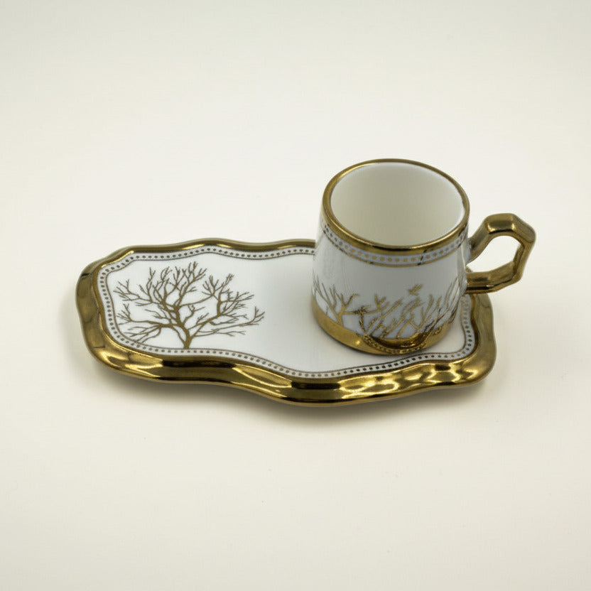 European Turkish Coffee Cups with Saucers - Tree of Life Gold Trim Ceramic Set