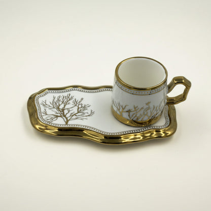 European Turkish Coffee Cups with Saucers - Tree of Life Gold Trim Ceramic Set