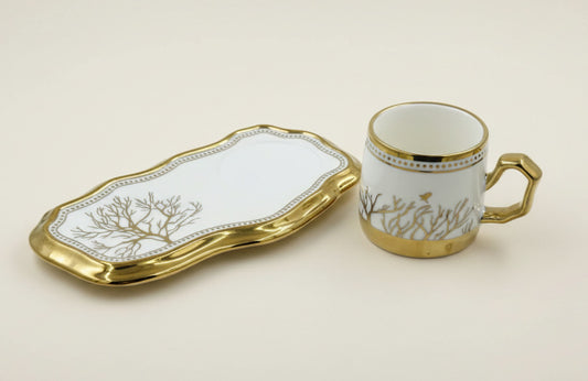 European Turkish Coffee Cups with Saucers - Tree of Life Gold Trim Ceramic Set