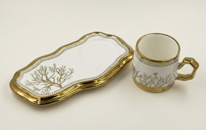 European Turkish Coffee Cups with Saucers - Tree of Life Gold Trim Ceramic Set