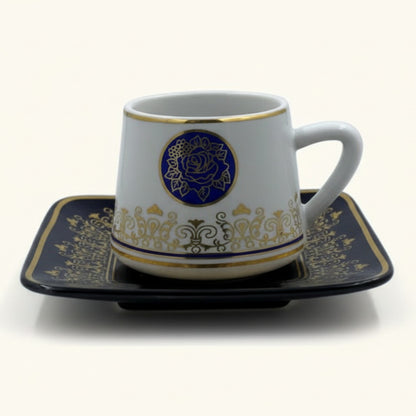 Ottoman Turkish Style Coffee Cups with Saucers - Blue Rose Medallion Gold Trim Set