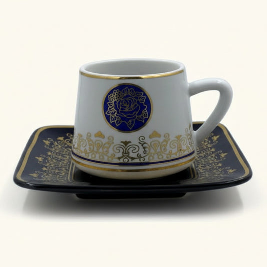 Ottoman Turkish Style Coffee Cups with Saucers - Blue Rose Medallion Gold Trim Set