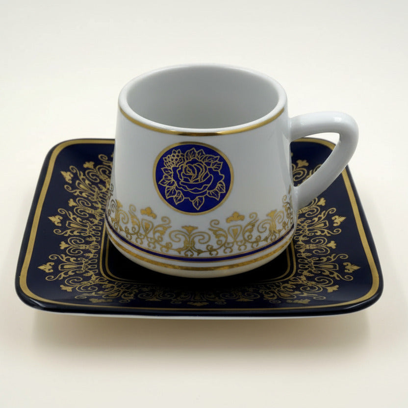 Ottoman Turkish Style Coffee Cups with Saucers - Blue Rose Medallion Gold Trim Set