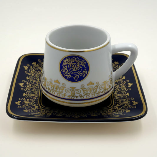 Ottoman Turkish Style Coffee Cups with Saucers - Blue Rose Medallion Gold Trim Set