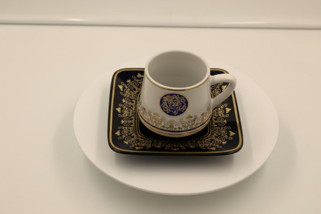 Ottoman Turkish Style Coffee Cups with Saucers - Blue Rose Medallion Gold Trim Set