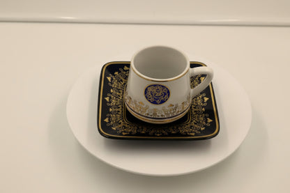 Ottoman Turkish Style Coffee Cups with Saucers - Blue Rose Medallion Gold Trim Set