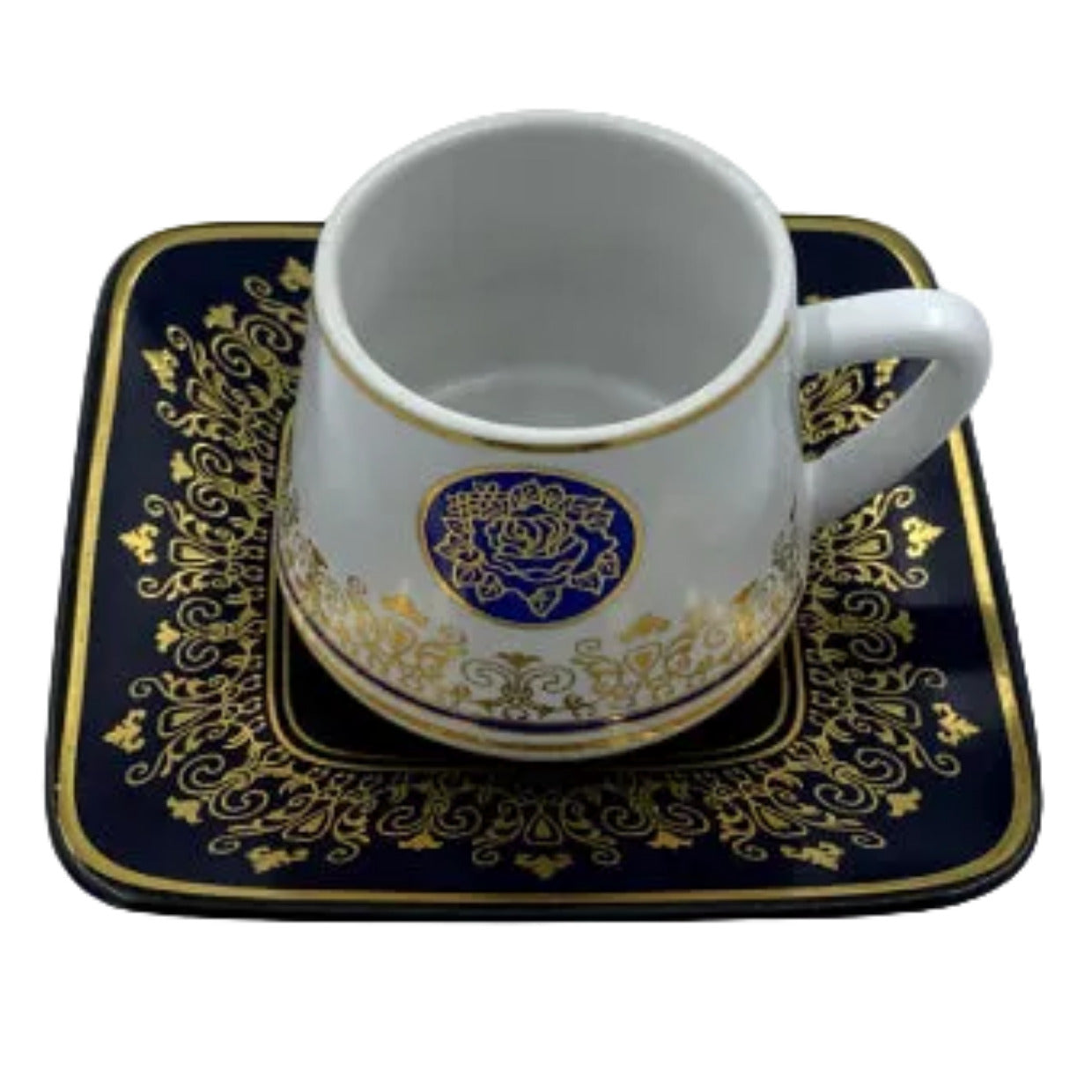 Ottoman Turkish Style Coffee Cups with Saucers - Blue Rose Medallion Gold Trim Set
