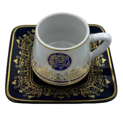 Ottoman Turkish Style Coffee Cups with Saucers - Blue Rose Medallion Gold Trim Set