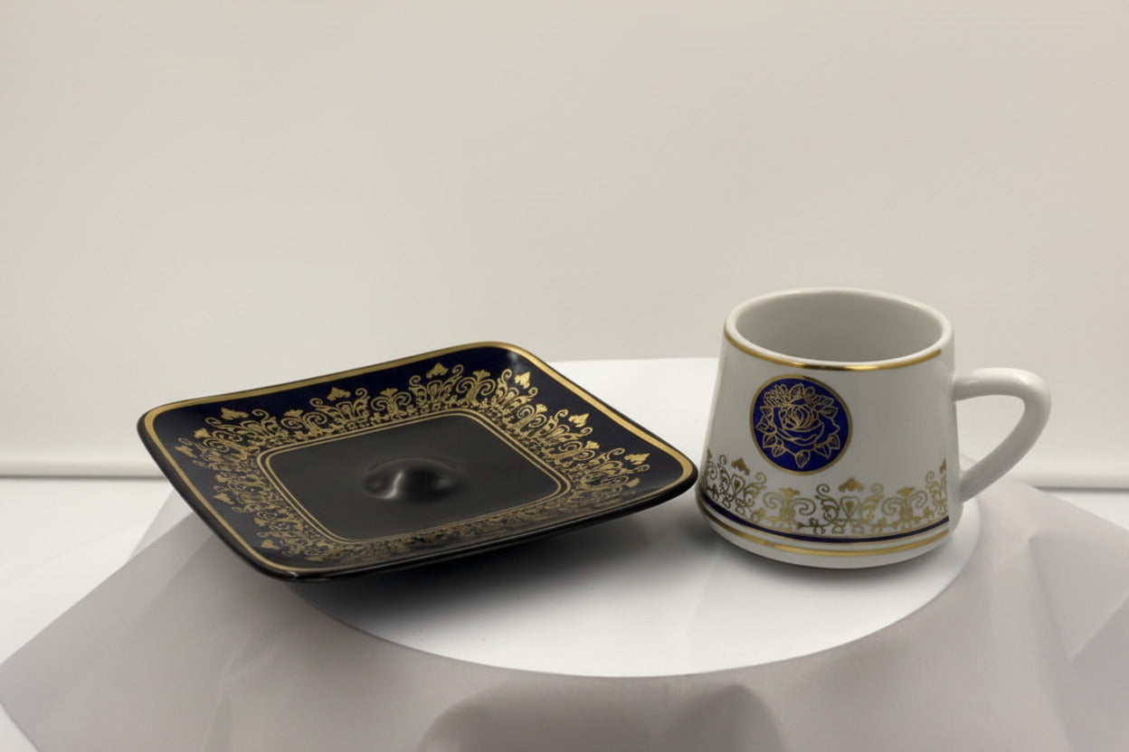 Ottoman Turkish Style Coffee Cups with Saucers - Blue Rose Medallion Gold Trim Set