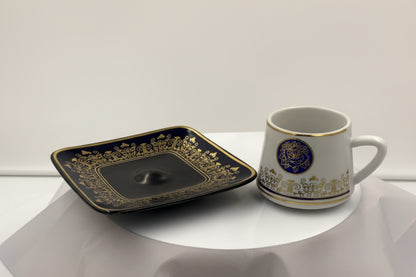 Ottoman Turkish Style Coffee Cups with Saucers - Blue Rose Medallion Gold Trim Set