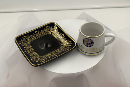 Ottoman Turkish Style Coffee Cups with Saucers - Blue Rose Medallion Gold Trim Set