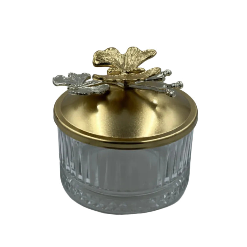 Bonbonniere with Butterfly Lid - Gold & Glass Candy Jar Storage Container