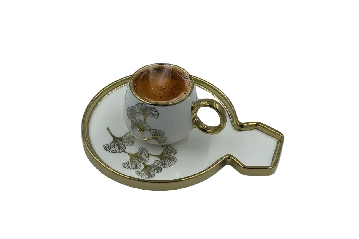 Ceramic Coffee Cups with Saucers Set - Luxurious Ginkgo Leaf Gold Trim Black & White