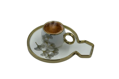 Ceramic Coffee Cups with Saucers Set - Luxurious Ginkgo Leaf Gold Trim Black & White