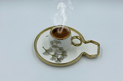 Ceramic Coffee Cups with Saucers Set - Luxurious Ginkgo Leaf Gold Trim Black & White