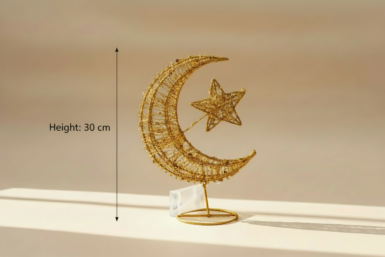 Decorative gold metal moon and star on a white surface with a gray background