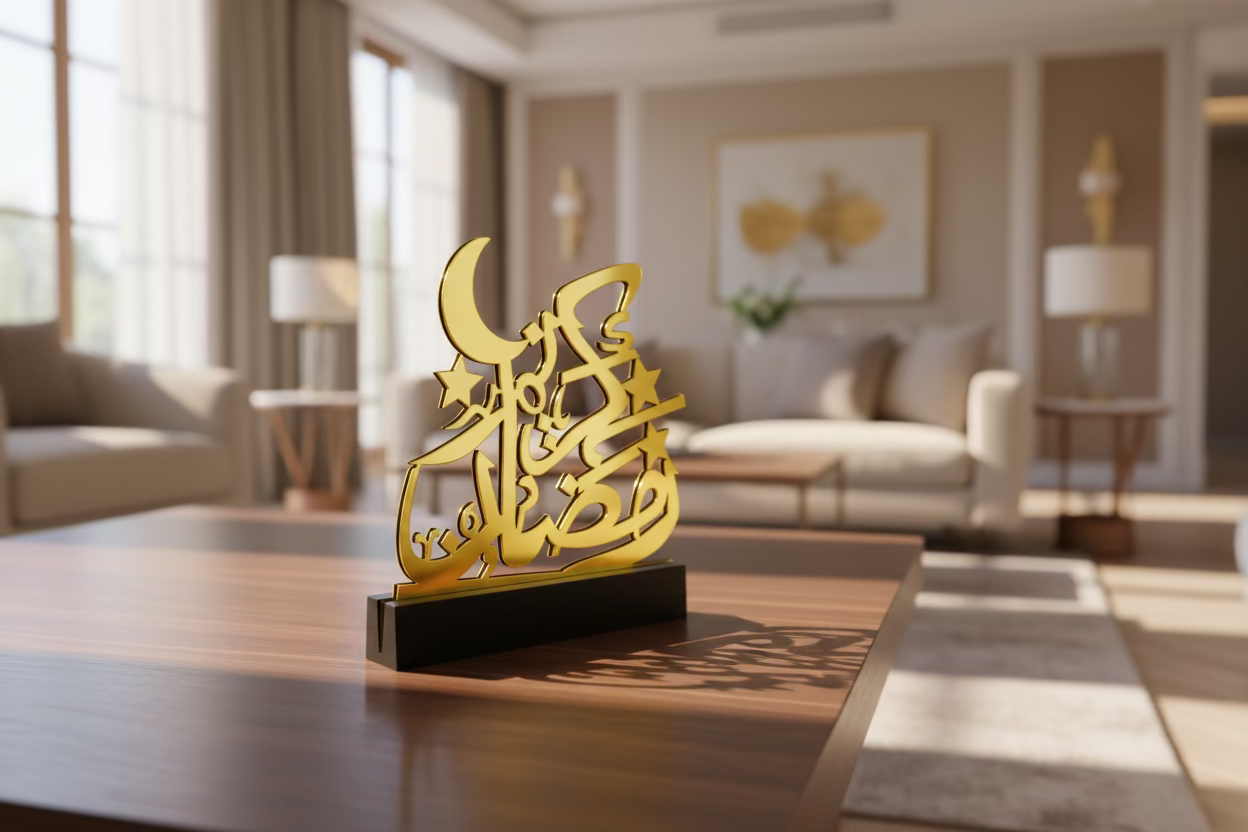 Ramadan Kareem Gold Tabletop Decor with LED Light – Islamic Eid & Ramadan Decoration (15.5cm)