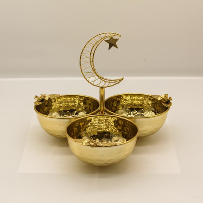 Ramadan Candy Bowl Set - 3 Piece Gold Serving Tray with Crescent Moon Stand