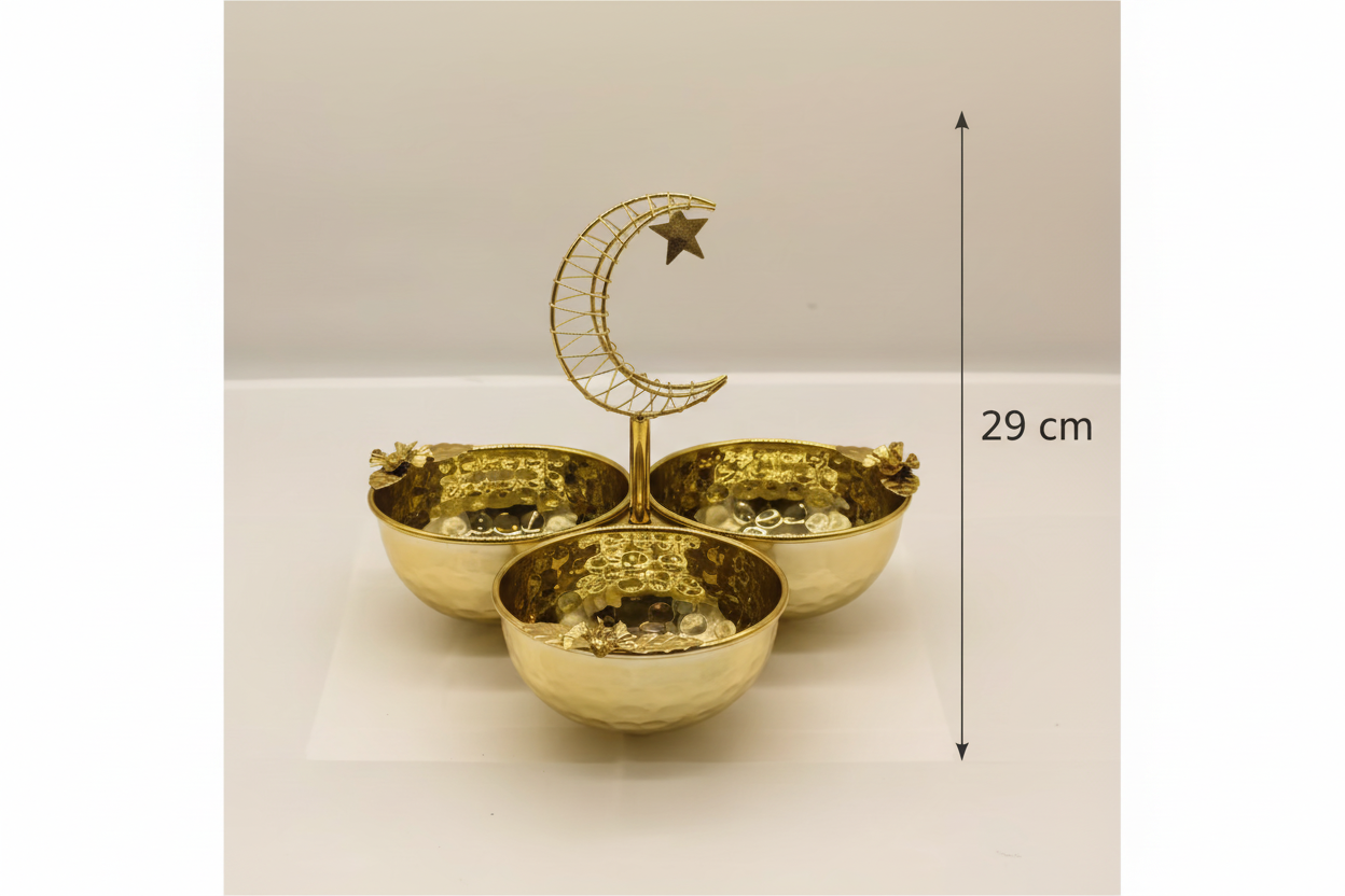 Ramadan Candy Bowl Set - 3 Piece Gold Serving Tray with Crescent Moon Stand