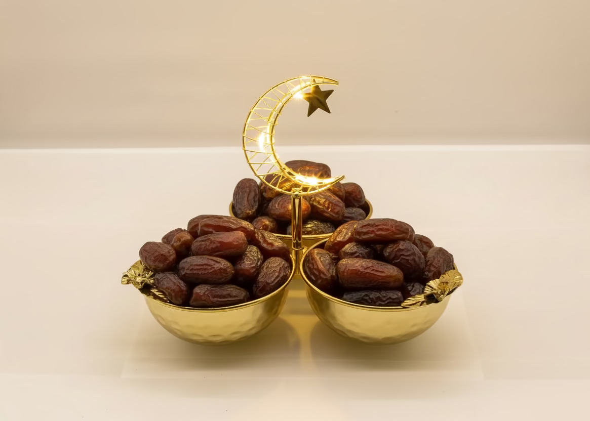 Ramadan Candy Bowl Set - 3 Piece Gold Serving Tray with Crescent Moon Stand