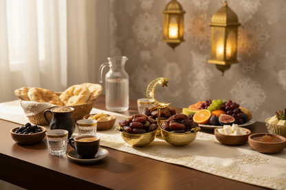 Ramadan Candy Bowl Set - 3 Piece Gold Serving Tray with Crescent Moon Stand
