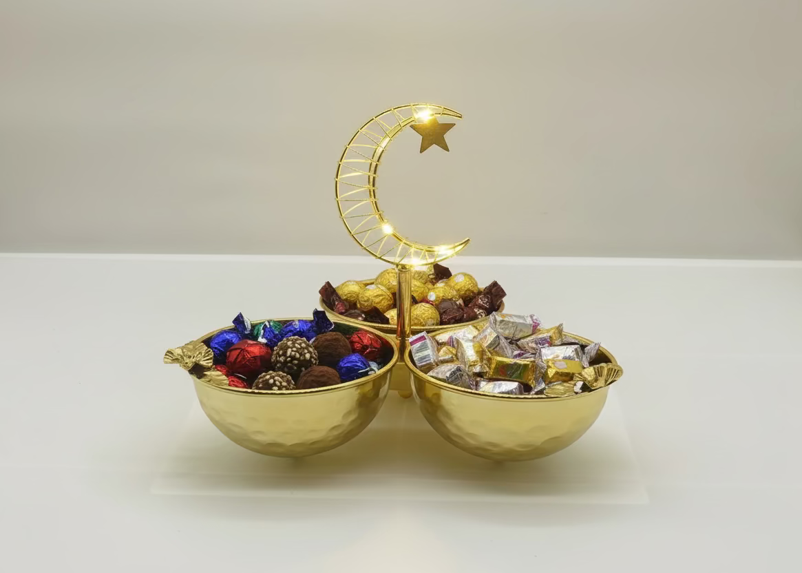 Ramadan Candy Bowl Set - 3 Piece Gold Serving Tray with Crescent Moon Stand