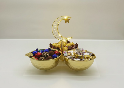 Ramadan Candy Bowl Set - 3 Piece Gold Serving Tray with Crescent Moon Stand