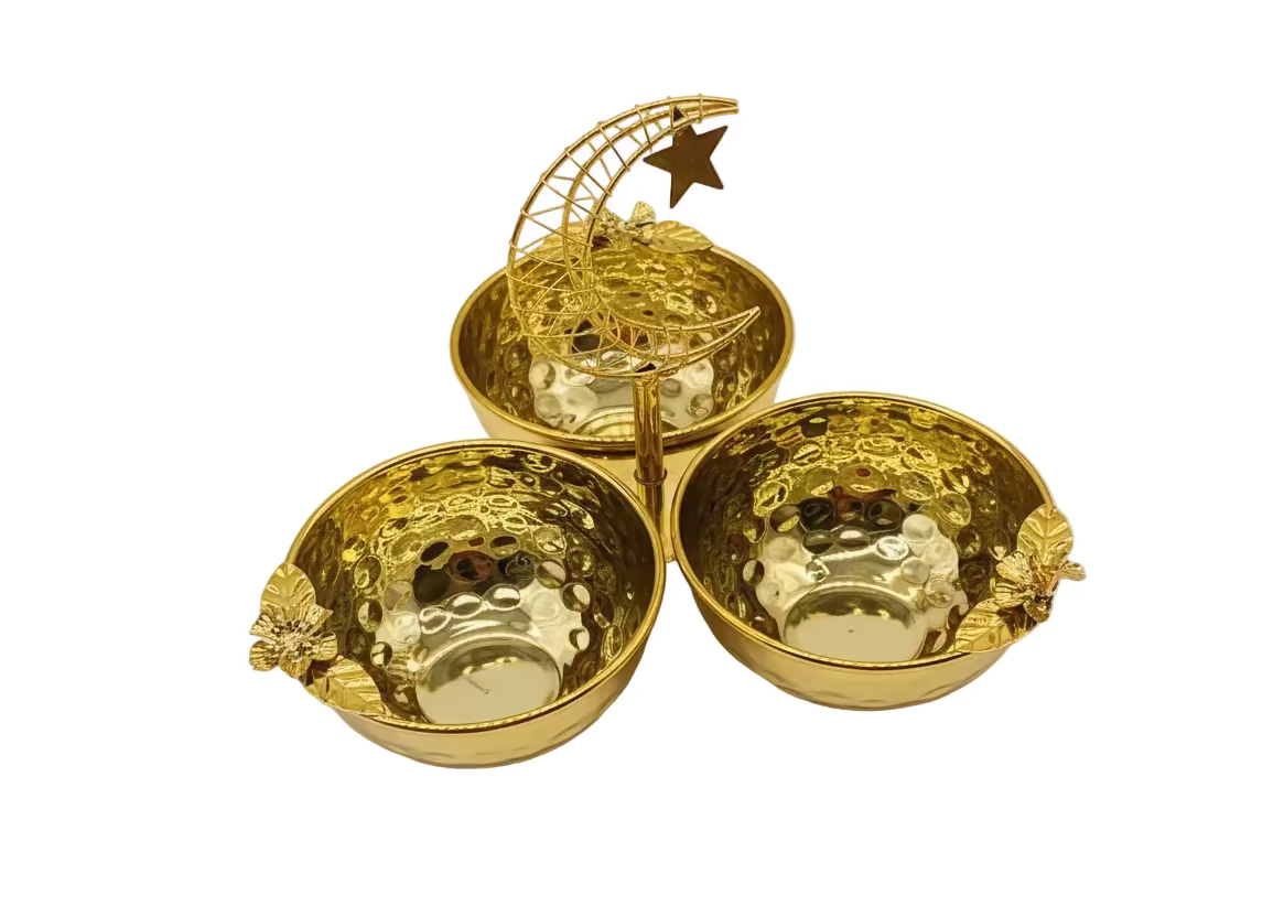 Ramadan Candy Bowl Set - 3 Piece Gold Serving Tray with Crescent Moon Stand