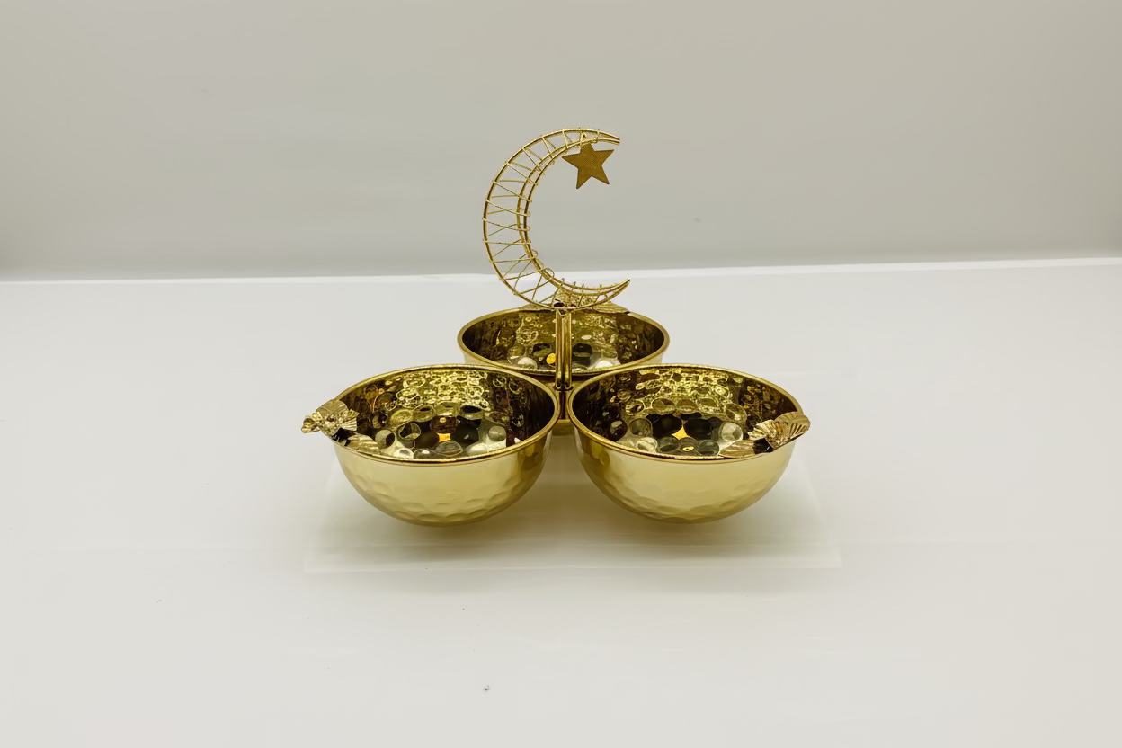 Ramadan Candy Bowl Set - 3 Piece Gold Serving Tray with Crescent Moon Stand