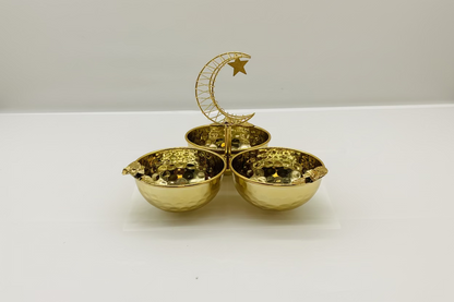 Ramadan Candy Bowl Set - 3 Piece Gold Serving Tray with Crescent Moon Stand
