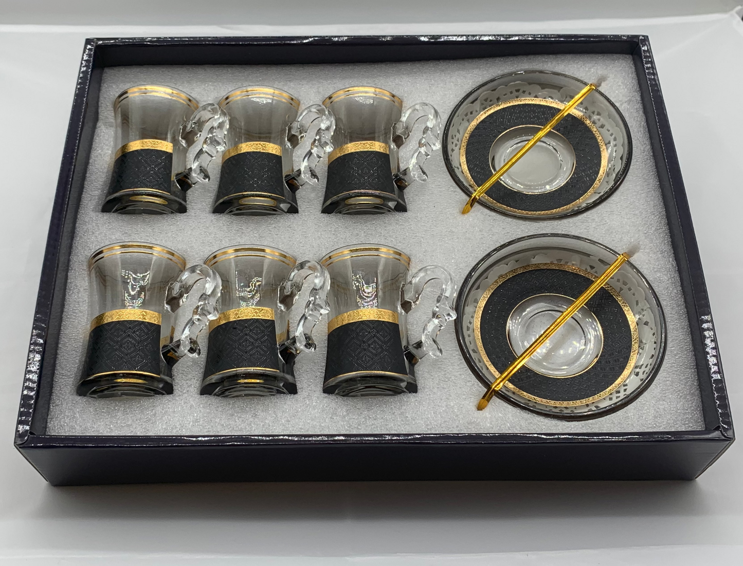 Glass Tea Cup Set - 6 Cups & Saucers with Gold Trim & Spoons
